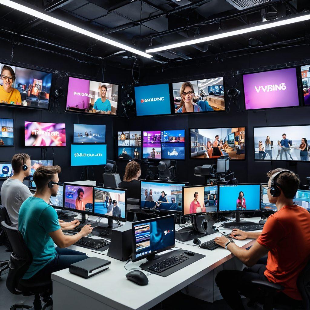 A dynamic scene showcasing a diverse group of content creators engaging with high-tech equipment for live video streaming, set in a vibrant studio filled with cameras, microphones, and lighting. Include a split-screen display of different social media platforms on screens in the background, highlighting real-time interaction. The atmosphere should radiate energy and creativity, symbolizing the essence of live streaming. super-realistic. vibrant colors. white background.