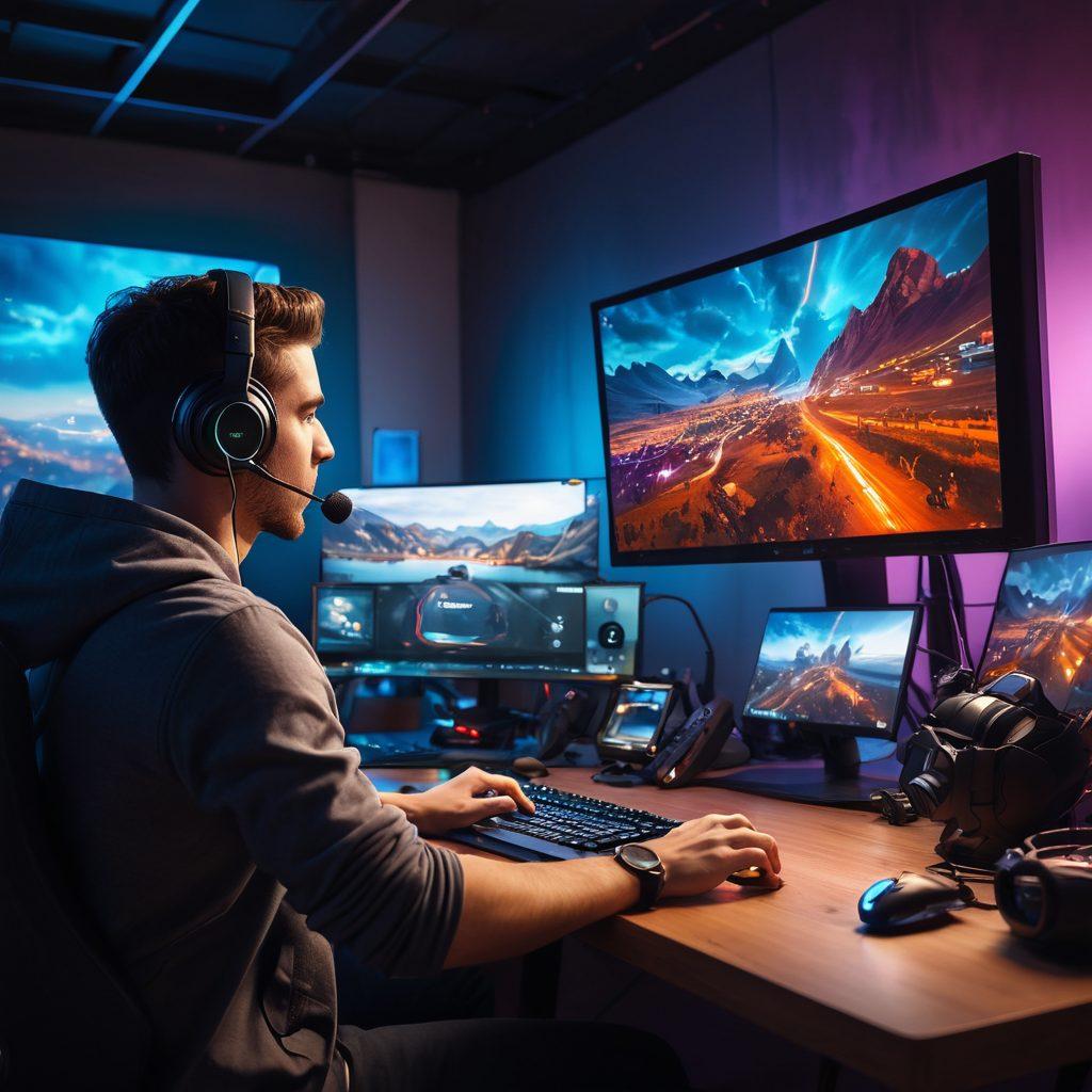 A dynamic scene showcasing a live streaming setup with a professional-looking streamer engaging with an enthusiastic audience. Include a high-tech microphone, vibrant lights illuminating the space, and a computer screen displaying chat interactions. Incorporate elements like camera equipment, gaming gear, and a visually appealing overlay showing social media platforms. Emphasize a sense of energy and engagement within a contemporary gaming environment. super-realistic. vibrant colors. energetic atmosphere.