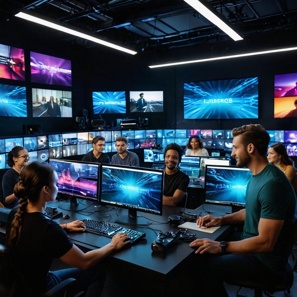 A diverse group of enthusiastic individuals in a modern tech studio, surrounded by high-end cameras, lighting equipment, and multiple screens displaying live video feeds. Include visual elements such as a glowing toolkit with various digital devices, and a backdrop of vibrant sound waves to symbolize live streaming. The atmosphere should feel dynamic and creative, capturing the essence of live video technology mastery. super-realistic. vibrant colors. modern aesthetic.